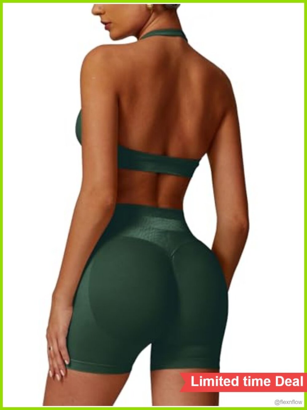 Seamless Workout Set 2 Piece Ribbed Halter Sports Bra Scrunchie Shorts Gym Yoga